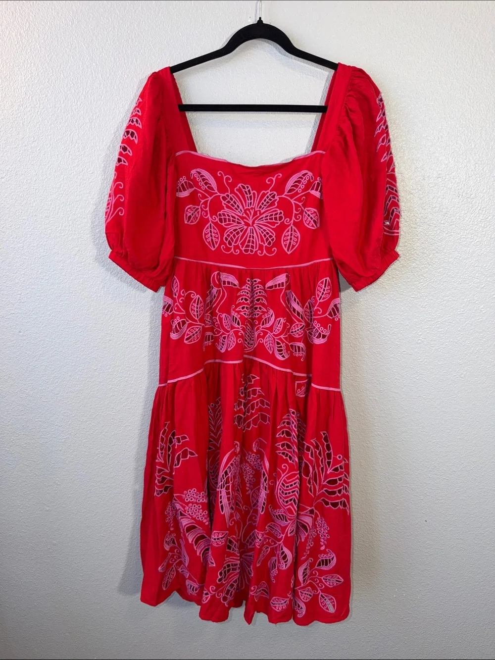 Farm Rio- Red Palm Tree Embroidered Puff-Sleeve-Midi Dress - Picture 1 of 12